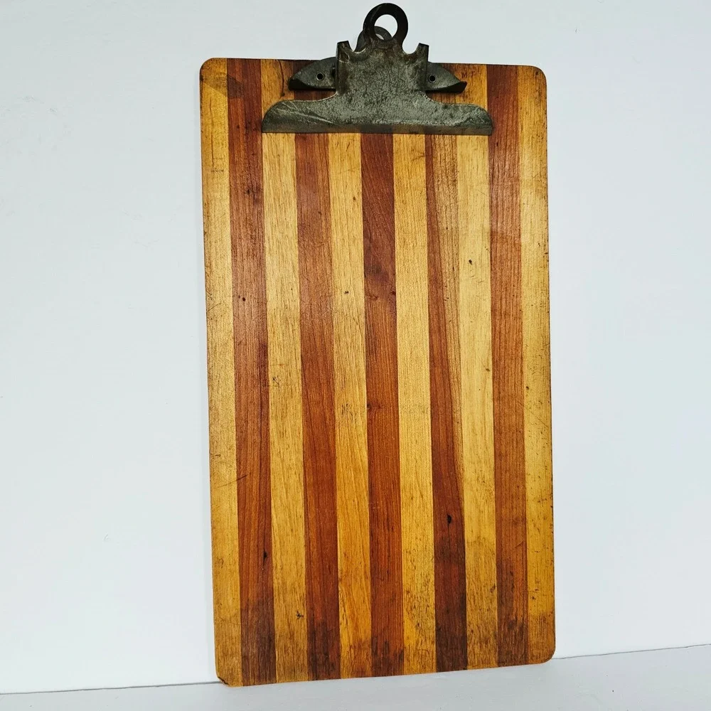 Vintage Wooden Clipboard Vertical Striped Pattern Industrial Metal Clip Rustic